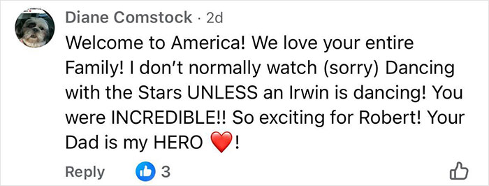 Comment praising Bindi Irwin and family as they move to America, expressing excitement and admiration for the Irwin family. Comment praising Bindi Irwin and family as they move to America, expressing excitement and admiration for the Irwin family.