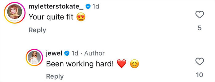 Instagram comment exchange showing a 51-year-old 90s star sharing fitness secrets after showing off her toned body in a bikini.