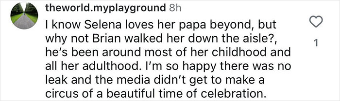 Comment discussing Selena Gomez's wedding and the absence of her father walking her down the aisle. Comment discussing Selena Gomez's wedding and the absence of her father walking her down the aisle.