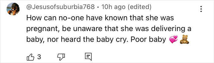 Comment on social media expressing shock about not knowing the cheerleader was pregnant or delivering a baby, showing sympathy.