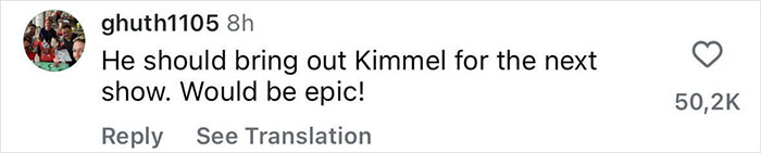 Comment on social media saying he should bring out Kimmel for the next show in discussion about Jimmy Fallon and Jimmy Kimmel's show suspension.