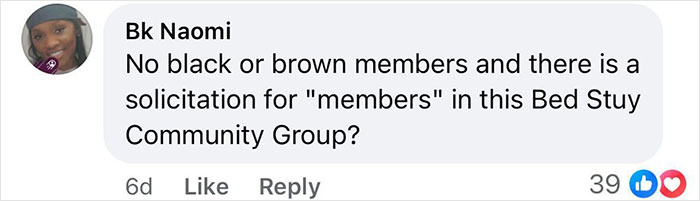 Comment from a Brooklyn community member raising concerns about safety for non-white women in a local group.