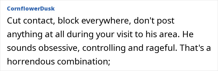 Screenshot of an online forum post warning about obsessive and controlling behavior from an online date recalling everything posted.