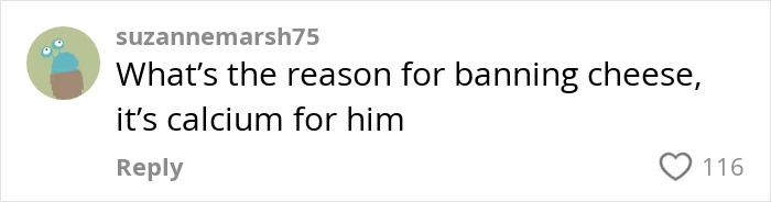 Comment discussing a ban on cheese in school, highlighting calcium benefits for the child affected by the snack ban.