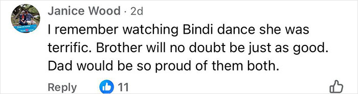 Comment praising Bindi Irwin and her brother’s dancing, mentioning pride and family support online. Comment praising Bindi Irwin and her brother’s dancing, mentioning pride and family support online.