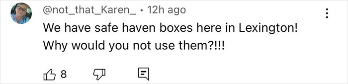 Screenshot of a social media comment discussing safe haven boxes in Lexington and questioning why they are not used.