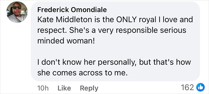 Comment praising Kate Middleton as a responsible and serious-minded royal, expressing admiration and respect.