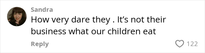 Comment from Sandra expressing anger about a teacher banning her child from eating a common snack at school.