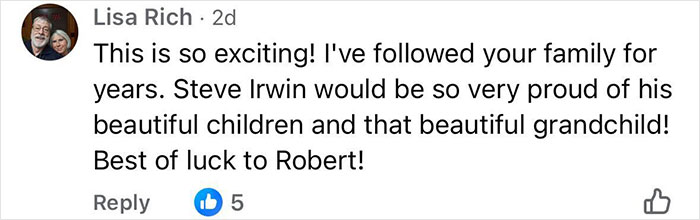 Comment praising Bindi Irwin's family and expressing excitement about her surprising decision to leave Australia. Comment praising Bindi Irwin's family and expressing excitement about her surprising decision to leave Australia.