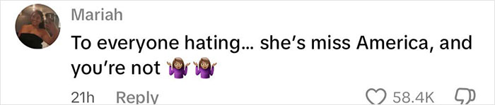 Comment from Mariah defending Miss America against haters, emphasizing pride in her title with shrugging emojis. Comment from Mariah defending Miss America against haters, emphasizing pride in her title with shrugging emojis.
