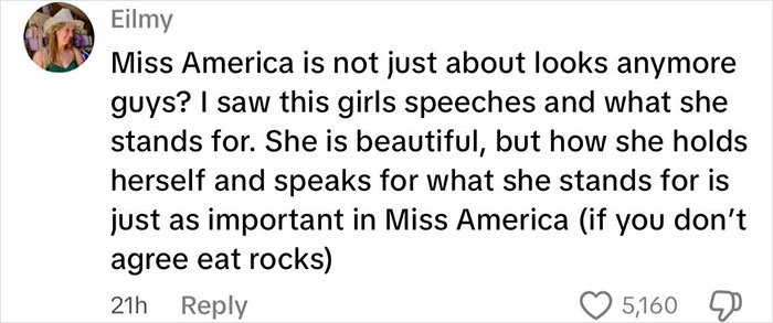 Comment praising Miss America for her speech and stance, emphasizing importance beyond looks in Miss America competition. Comment praising Miss America for her speech and stance, emphasizing importance beyond looks in Miss America competition.