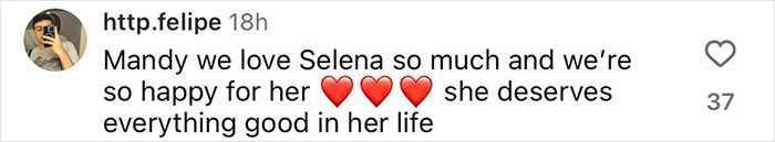 User comment praising Selena Gomez with heart emojis, related to Selena Gomez's mom being snubbed at daughter's wedding. User comment praising Selena Gomez with heart emojis, related to Selena Gomez's mom being snubbed at daughter's wedding.