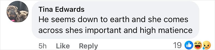 Screenshot of a Facebook comment by Tina Edwards discussing a down-to-earth impression and importance.