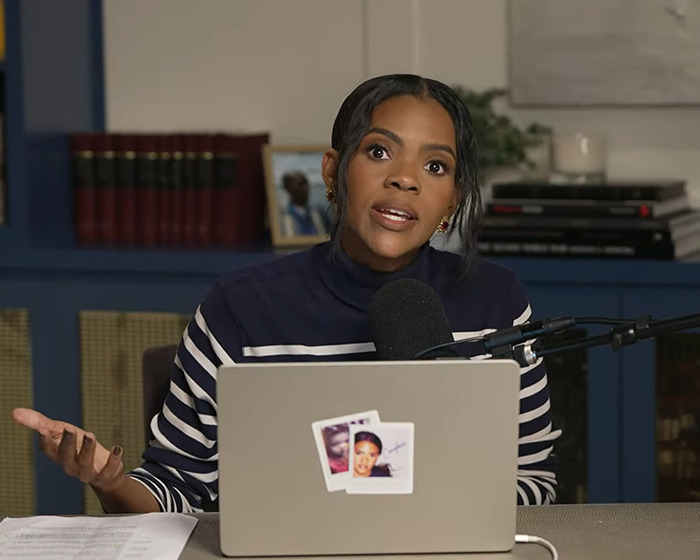 Candace Owens speaking in a podcast studio with laptop and microphone, discussing Tyler Robinson photo claims.