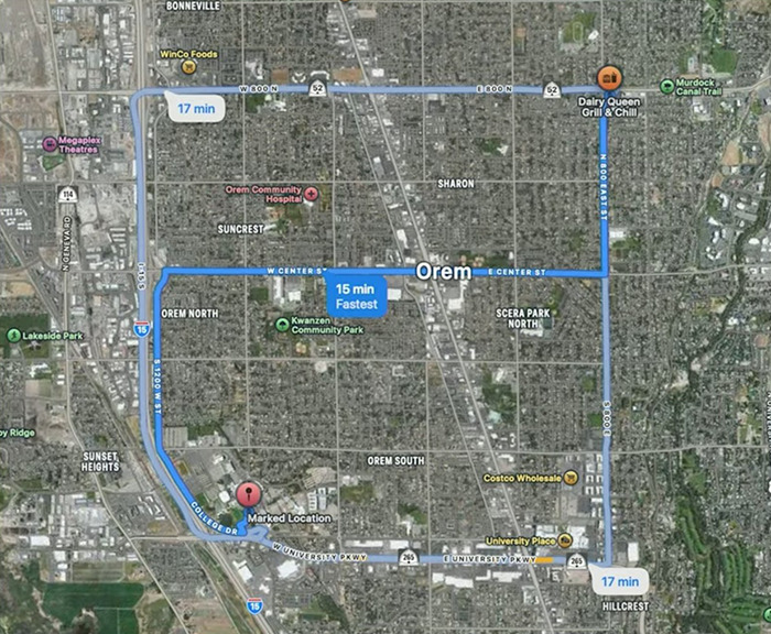 Map showing route and marked location related to Candace Owens claims about Tyler Robinson hours after Kirk crime.