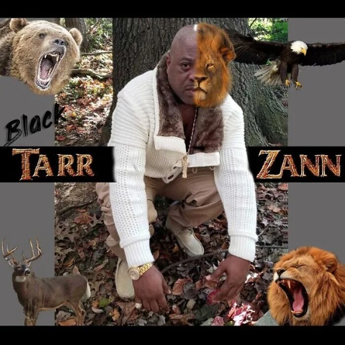 Man with half lion face edited, surrounded by animals, on a poorly designed album cover with worst album covers theme.