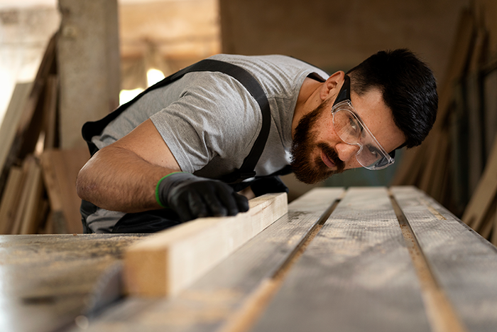 Man wearing safety glasses and gloves working with wood in a workshop, unrelated to schizophrenic man prank hospital visit.