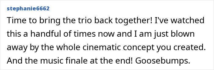 User comment praising a fan-made Harry Potter and the Cursed Child trailer for its cinematic concept and music finale.