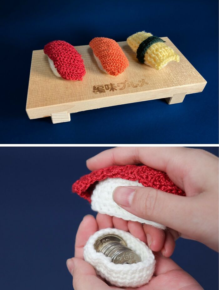 Crocheted realistic food-inspired accessories resembling sushi pieces, handcrafted by a Japanese fiber artist.