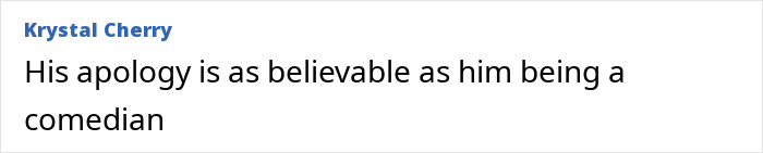 Comment from Krystal Cherry stating his apology is as believable as him being a comedian, related to Jimmy Kimmel mutiny news. Comment from Krystal Cherry stating his apology is as believable as him being a comedian, related to Jimmy Kimmel mutiny news.
