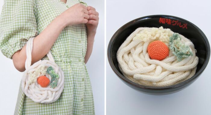 A Japanese fiber artist crocheting realistic food-inspired accessories, including a noodle bowl handbag and detailed yarn toppings.