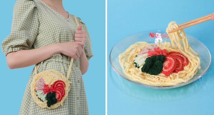 Japanese fiber artist showcasing crocheted realistic food-inspired accessories, including a noodle bowl handbag and crochet chopsticks.