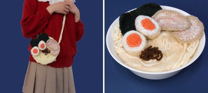 Crocheted realistic food-inspired accessories by Japanese fiber artist, featuring ramen-themed purse and detailed yarn elements.