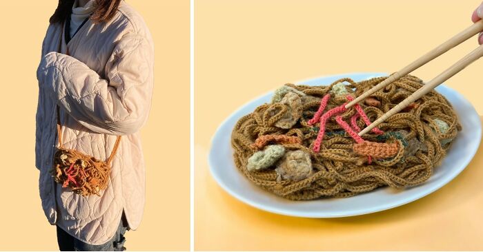 Crocheted realistic food-inspired accessory resembling a plate of noodles, crafted by Japanese fiber artist.