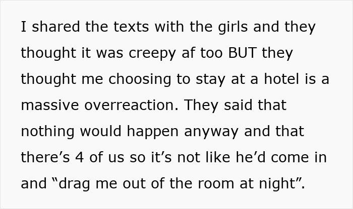 Text message screenshot showing a woman worried about creepy Airbnb host texts and her friends' mixed reactions.