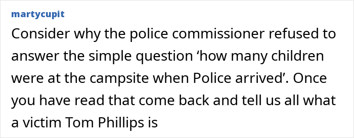 Alt text: Text discussing police commissioner refusing to answer questions about children at campsite in case of kids vanished into wilderness.
