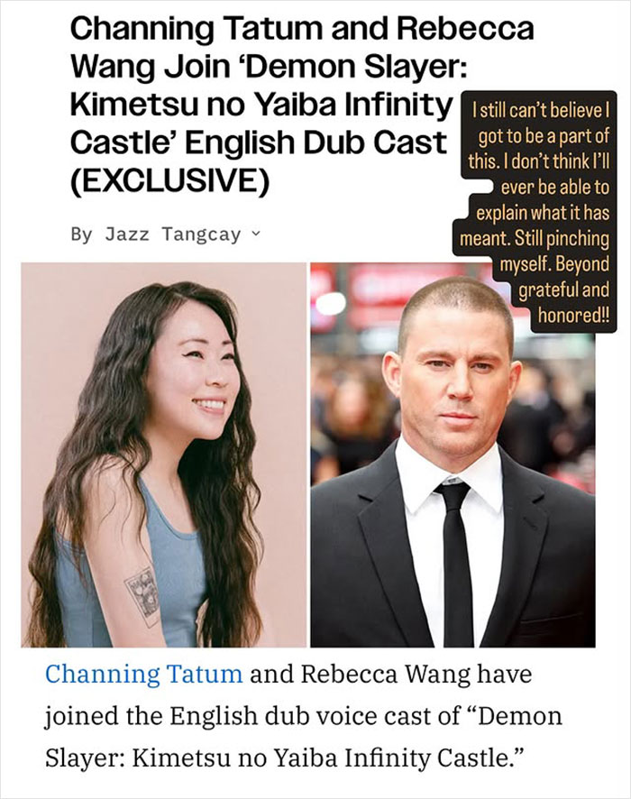 Channing Tatum, 45, with girlfriend, 26, amid age gap criticism and debut in Demon Slayer English dub cast. Channing Tatum, 45, with girlfriend, 26, amid age gap criticism and debut in Demon Slayer English dub cast.