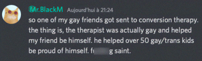 Chat message sharing a story of helping LGBTQ+ youth embrace their identity, reflecting chaotic good actions.