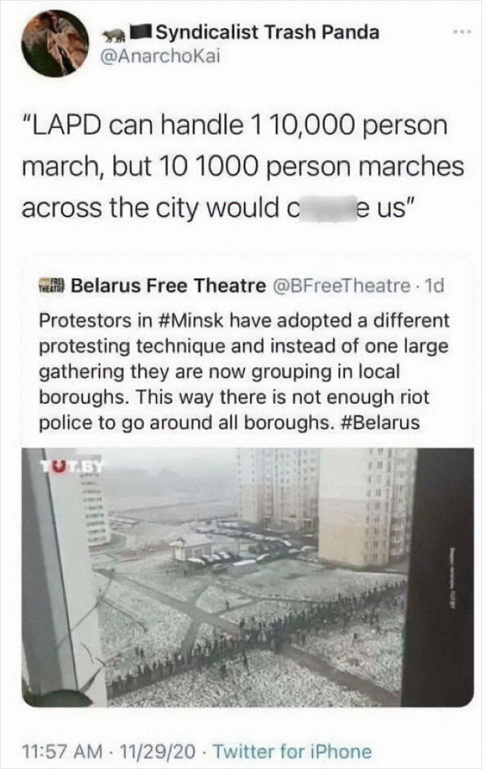 Protestors using chaotic good tactics in Minsk to resist control by grouping across local boroughs, evading police forces.