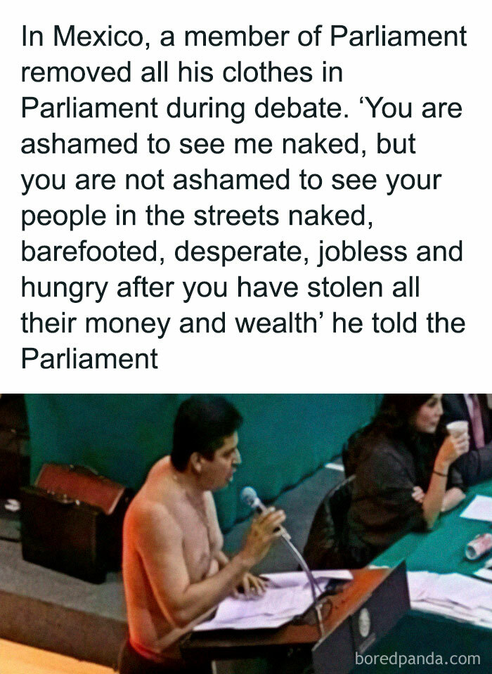 Member of Parliament in Mexico protests shirtless, highlighting social injustice in a chaotic good act during a parliamentary debate.