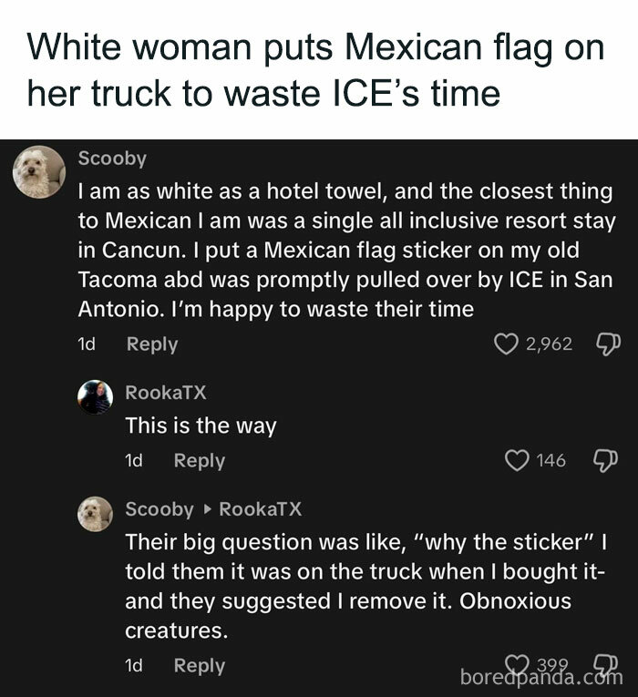 Commenter shares how they put a Mexican flag sticker on their truck to waste ICE's time, showing chaotic good behavior.