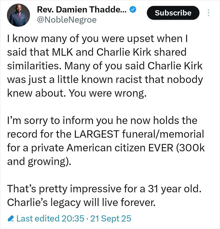 Screenshot of a tweet discussing mass fury after Charlie Kirk's funeral compared to Martin Luther King's and John F. Kennedy's.