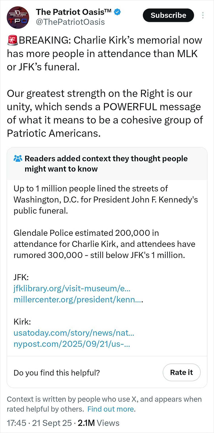 Tweet from The Patriot Oasis about mass attendance at Charlie Kirk&rsquo;s funeral compared to MLK and JFK funerals with context on crowd sizes.