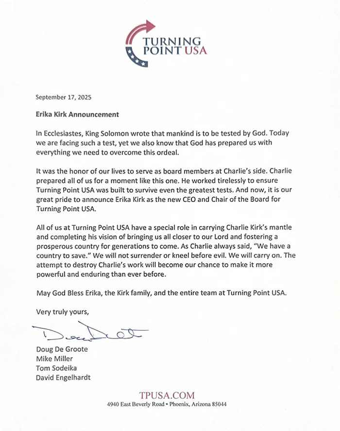 Turning Point USA letter announcing Erika Kirk as new CEO and Chair after her husband&rsquo;s passing and leadership transition.