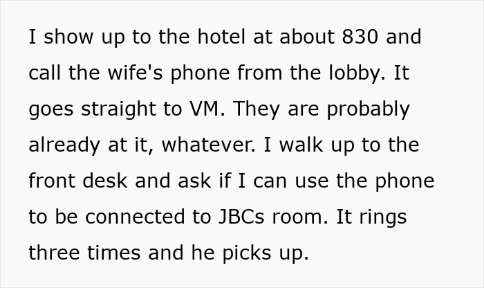 Text excerpt showing a husband calling a hotel room phone to confirm his wife&rsquo;s cheating as part of pro revenge plan.