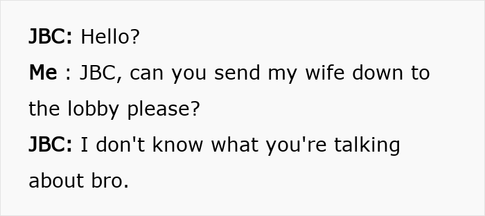 Text conversation showing a man asking JBC to send his wife to the lobby, hinting at outsmarting her in a cheating revenge.