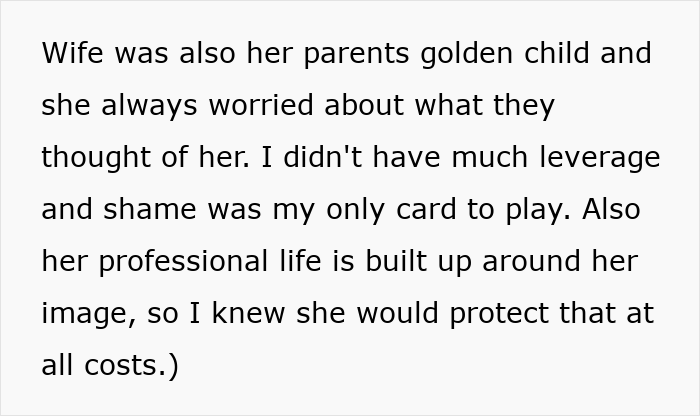 Text passage describing a husband using leverage and shame in a pro revenge after wife cheating, protecting her image.