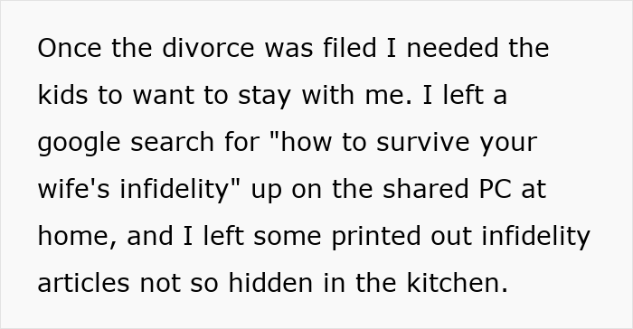 Text describing a husband&rsquo;s strategy after discovering wife&rsquo;s cheating, including search for infidelity and pro revenge steps.