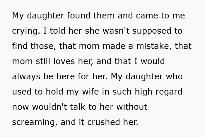 Text excerpt showing a husband&rsquo;s perspective on cheating and his daughter&rsquo;s emotional response after finding out the truth.
