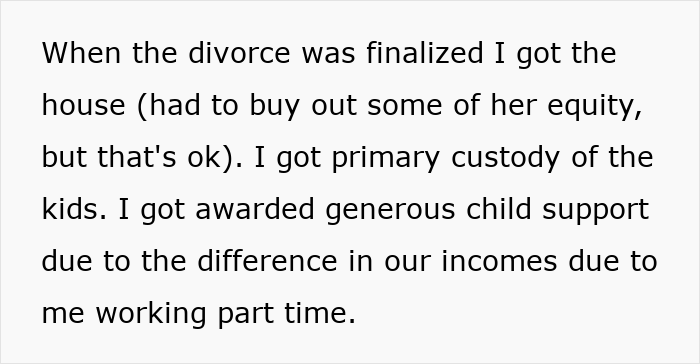 Text excerpt about divorce finalization, custody, and child support highlighting husband&rsquo;s outsmarting wife after cheating discovery