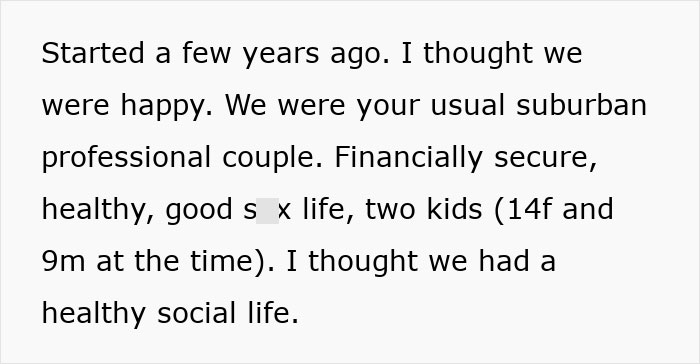 Text excerpt showing a husband reflecting on a seemingly happy suburban life before discovering cheating.