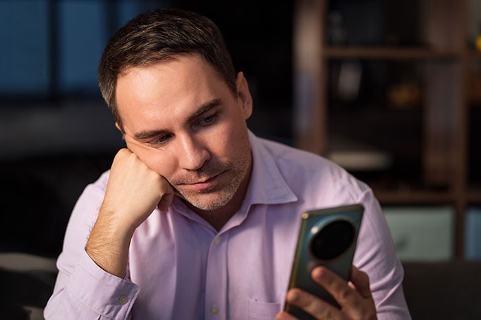 Man looking thoughtfully at smartphone, reflecting on betrayal and planning pro revenge after discovering cheating wife.