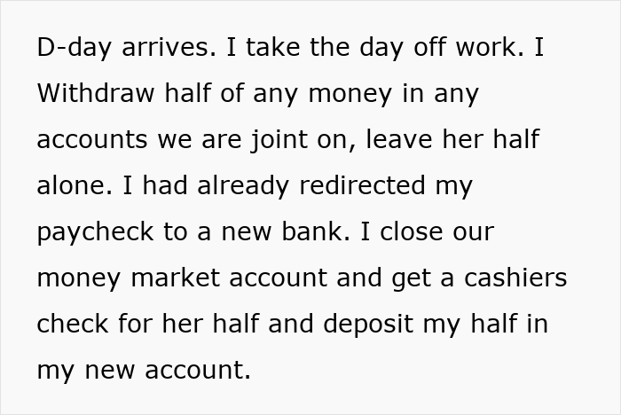 Text excerpt showing a husband&rsquo;s financial move as part of a cheating wife pro revenge plan.