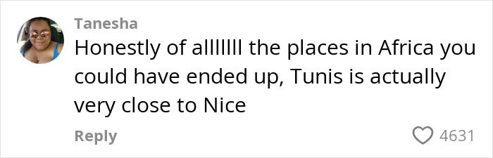 Social media comment from a confused tourist discussing travel mix-up between Africa and France involving Tunis and Nice.