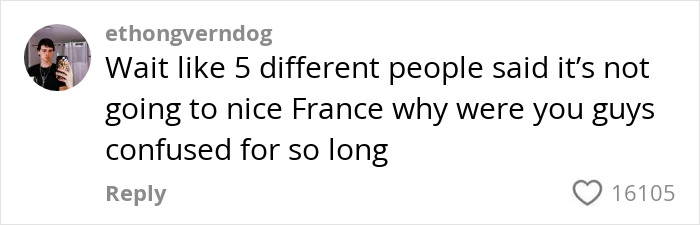 Comment on social media questioning why confused tourists boarded a flight to Africa thinking they were headed to France.