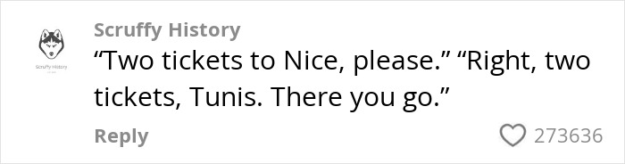 Alt text: Humorous conversation about confused tourists boarding a flight to Africa instead of France, referencing ticket mix-up with Tunis.